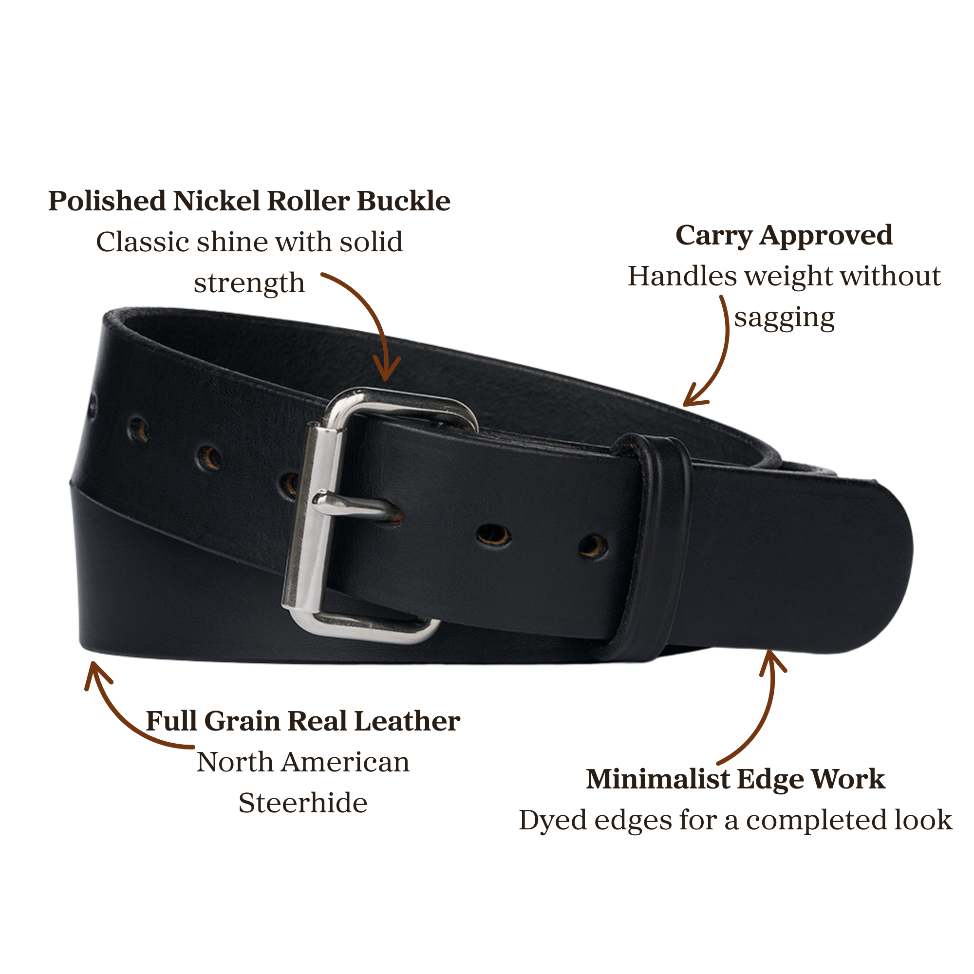 Black full grain leather belt with polished nickel roller buckle, designed for carry purposes