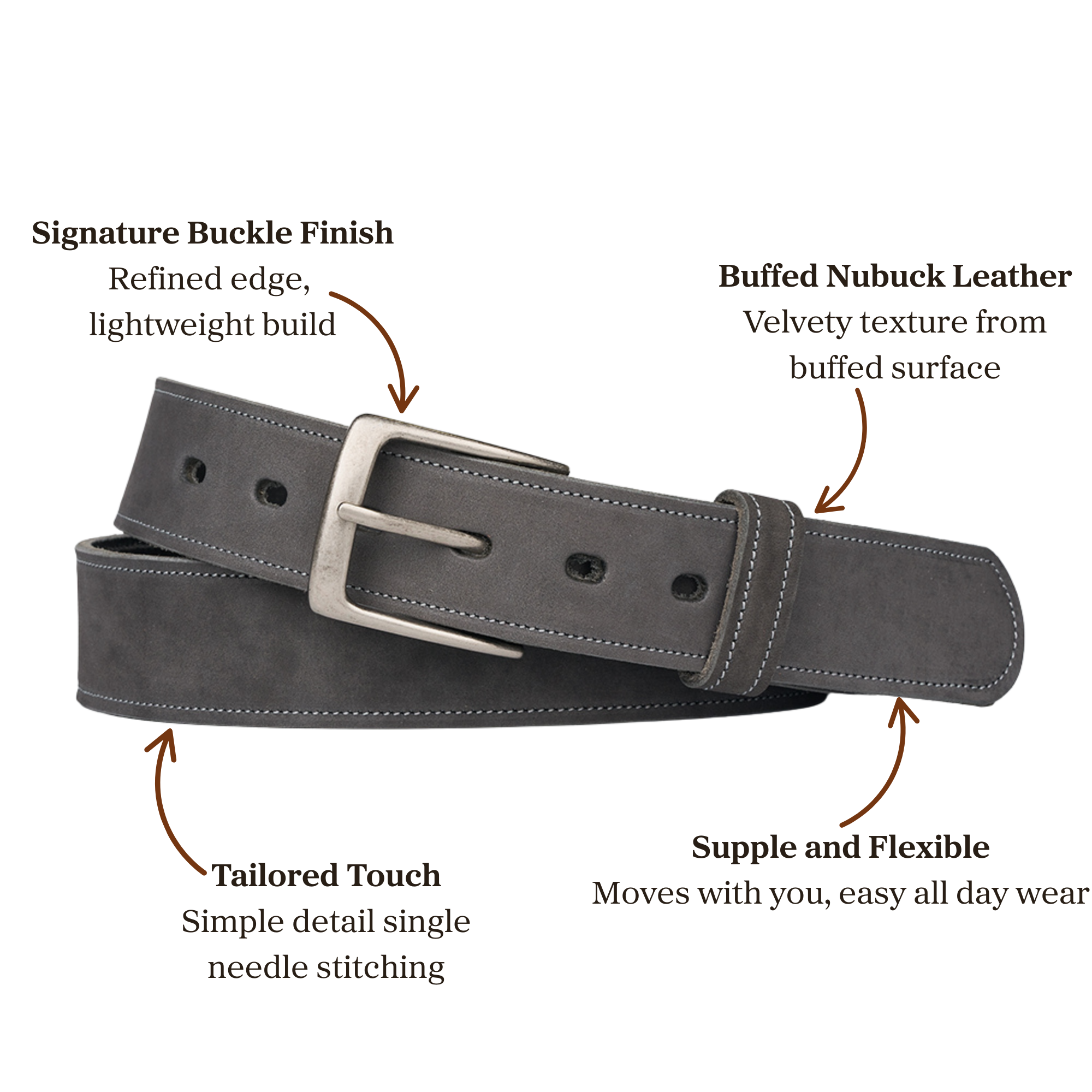 Gray buffed nubuck leather belt with signature buckle finish accompanied with a single needle stitching.