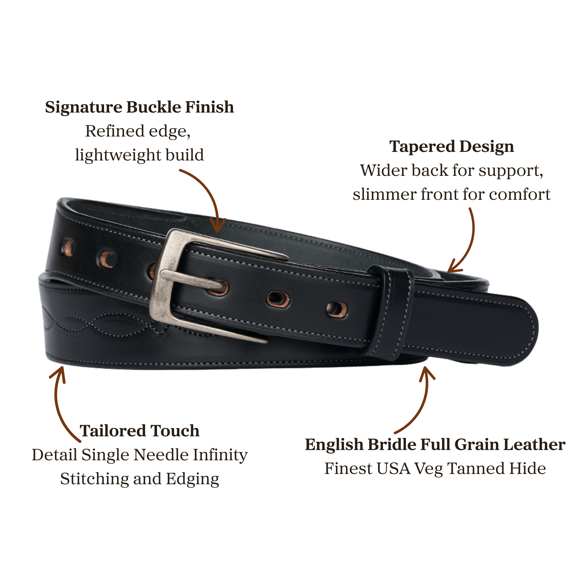 Black English bridle full grain leather belt with signature buckle finish accompanied with infinity stitching and edging