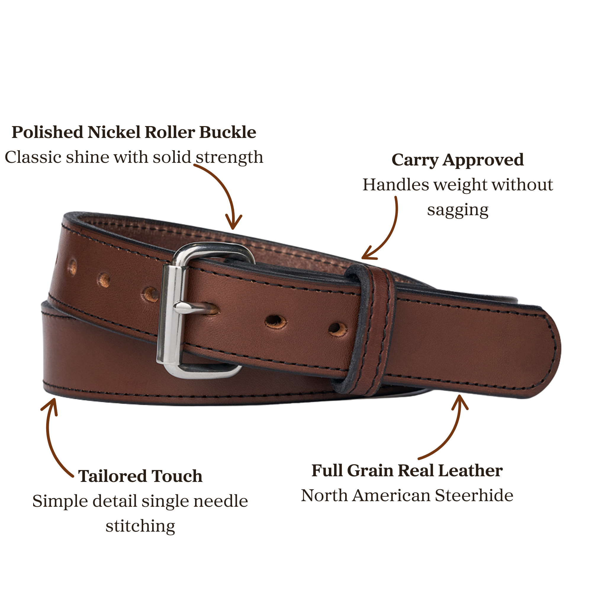 Brown full grain leather belt with polished nickel roller accompanied with single needle stitching, designed for carry purposes