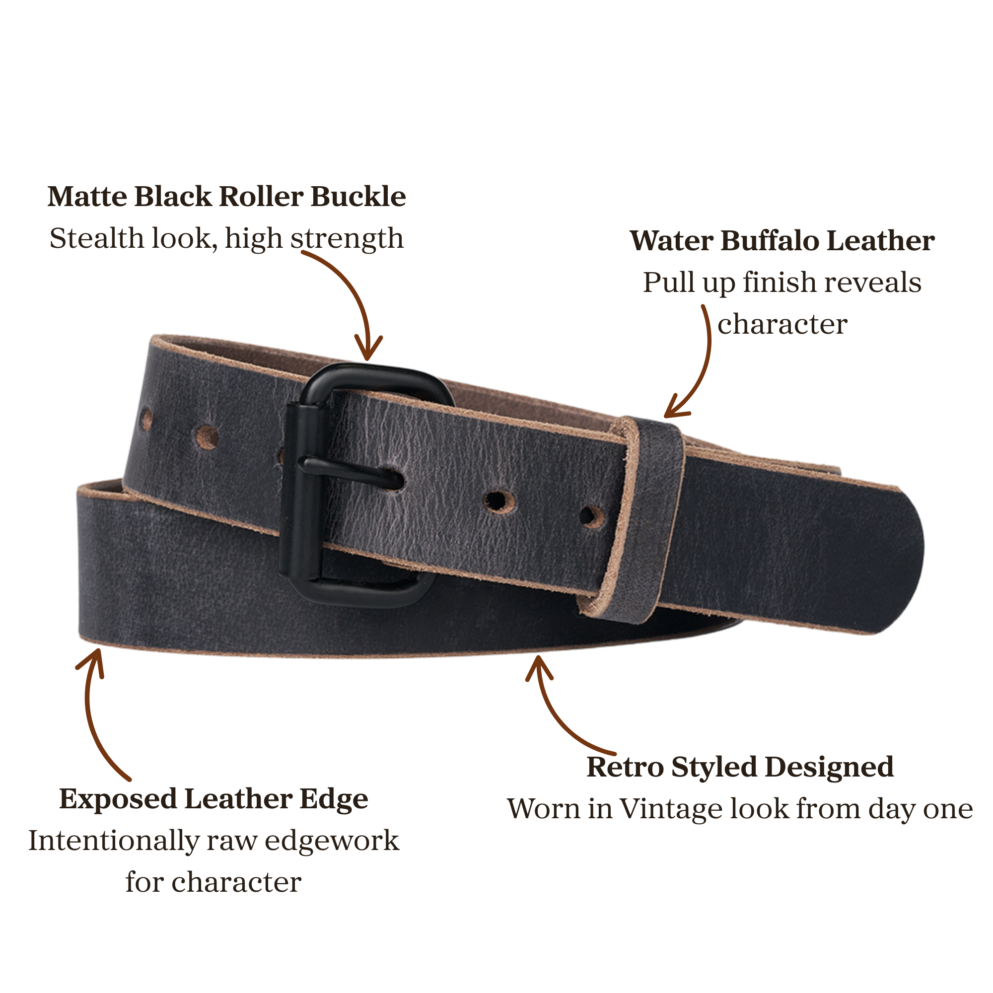 Retro styled black water buffalo leather belt with matte black roller buckle
