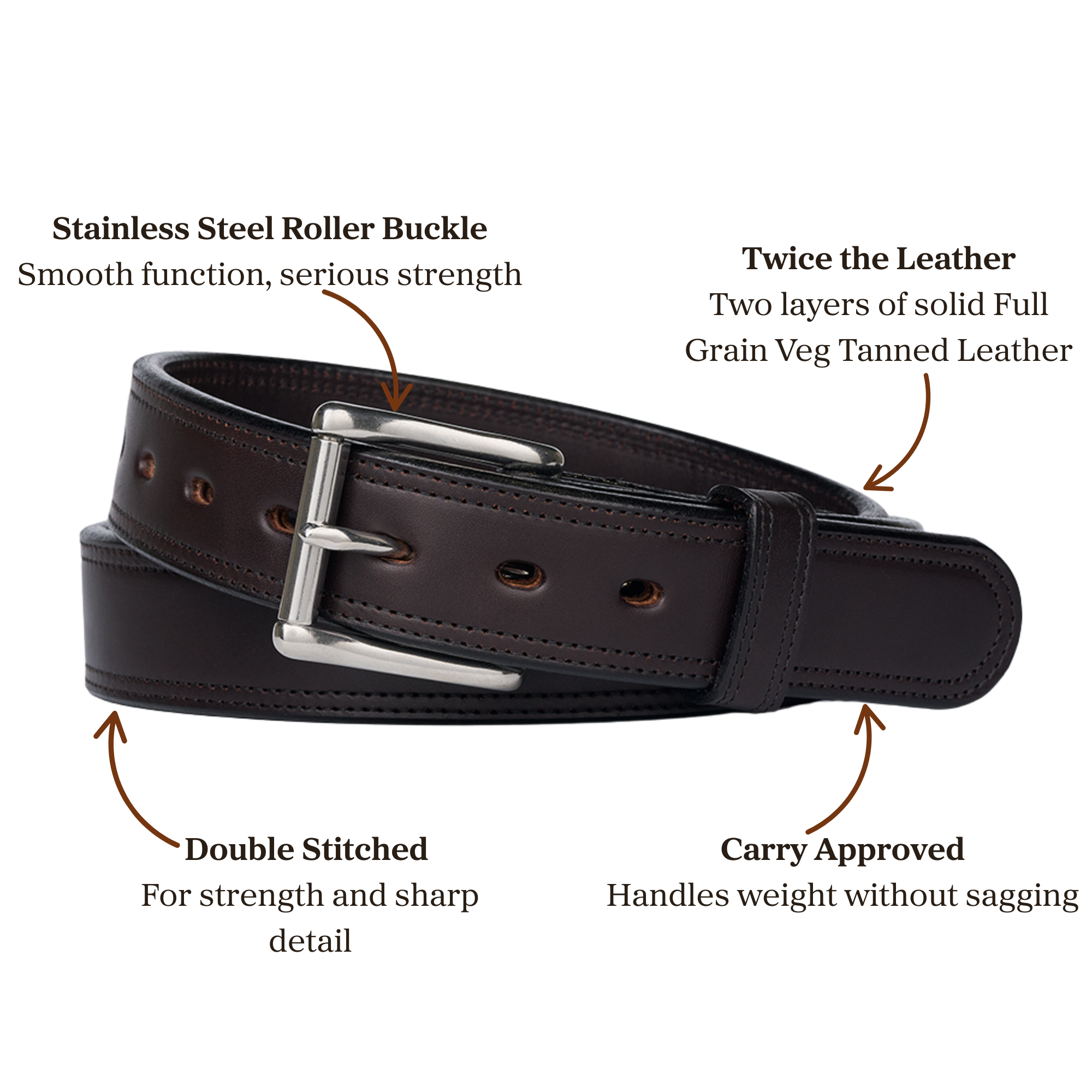 Double layer brown leather belt with stainless steel roller buckle accompanied with double stitching, designed for carry purposes