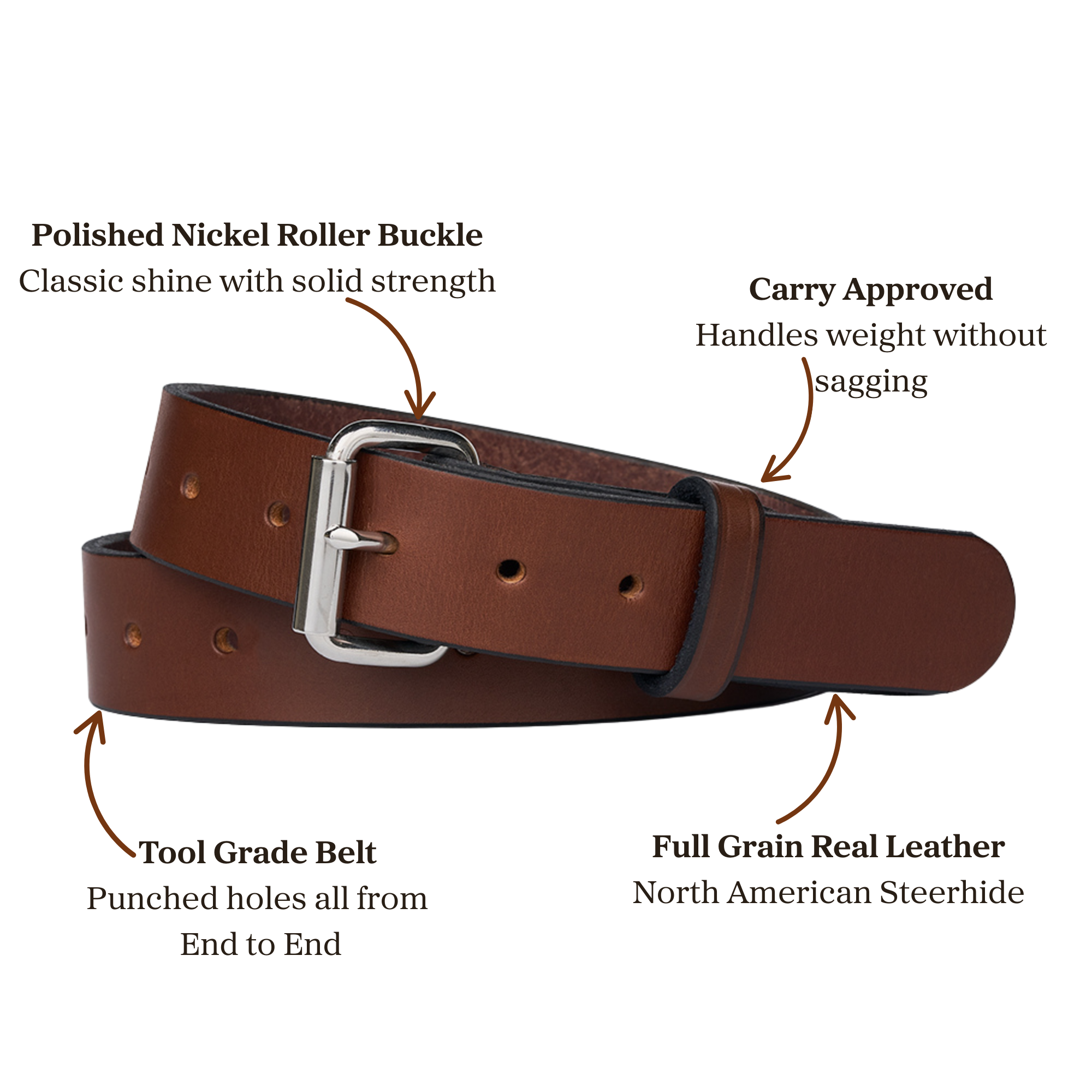 Brown full grain leather belt with polished nickel roller buckle, designed for carry use