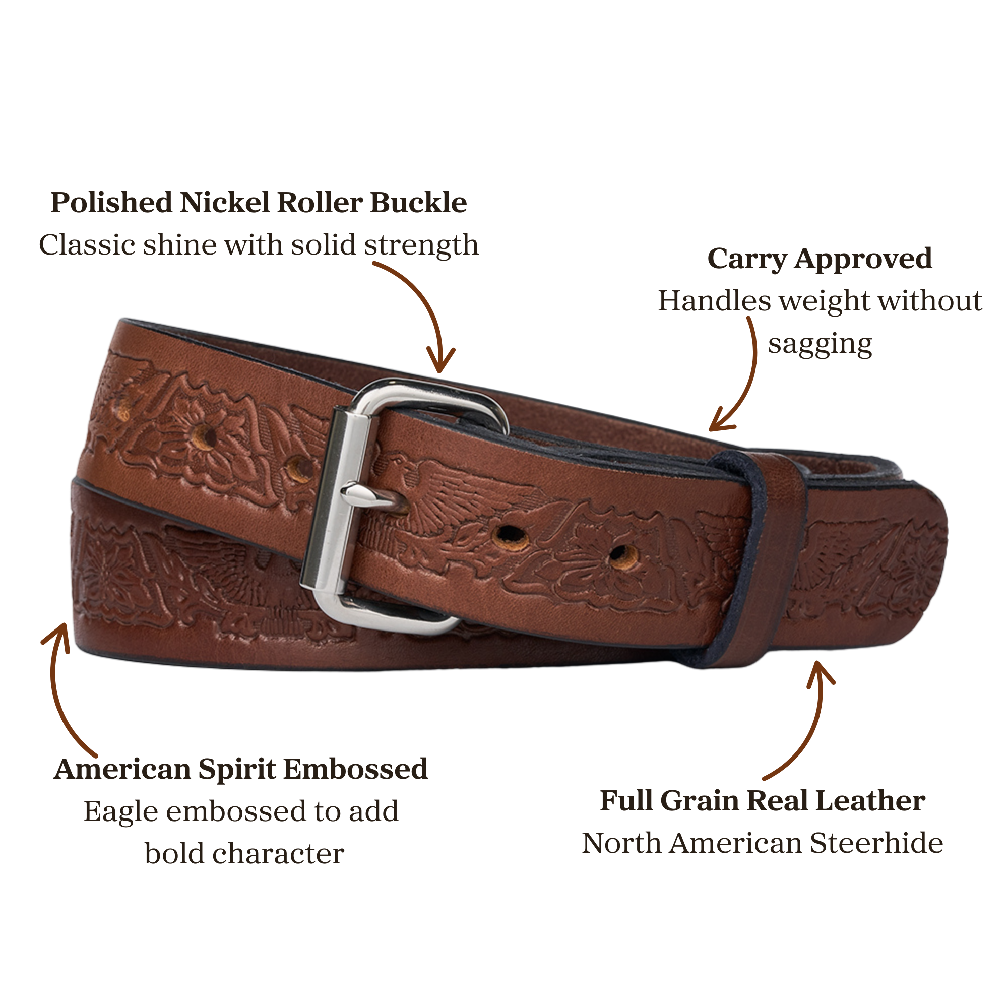 Eagle embossed brown full grain leather belt with polished nickel roller buckle, designed for carry use