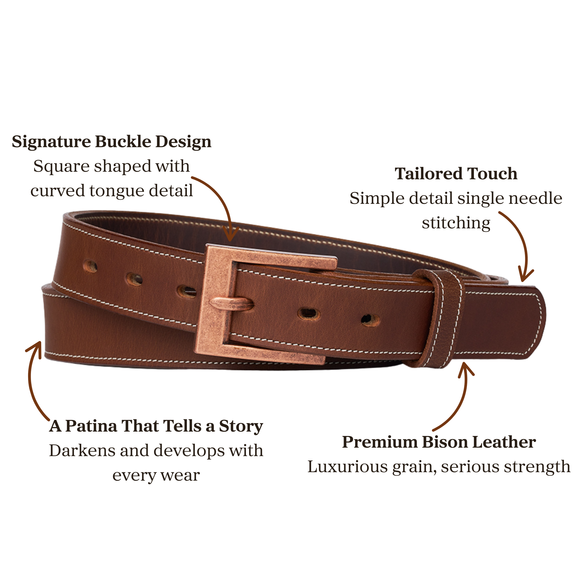 Premium brown bison leather belt with signature buckle design accompanied with single stitching