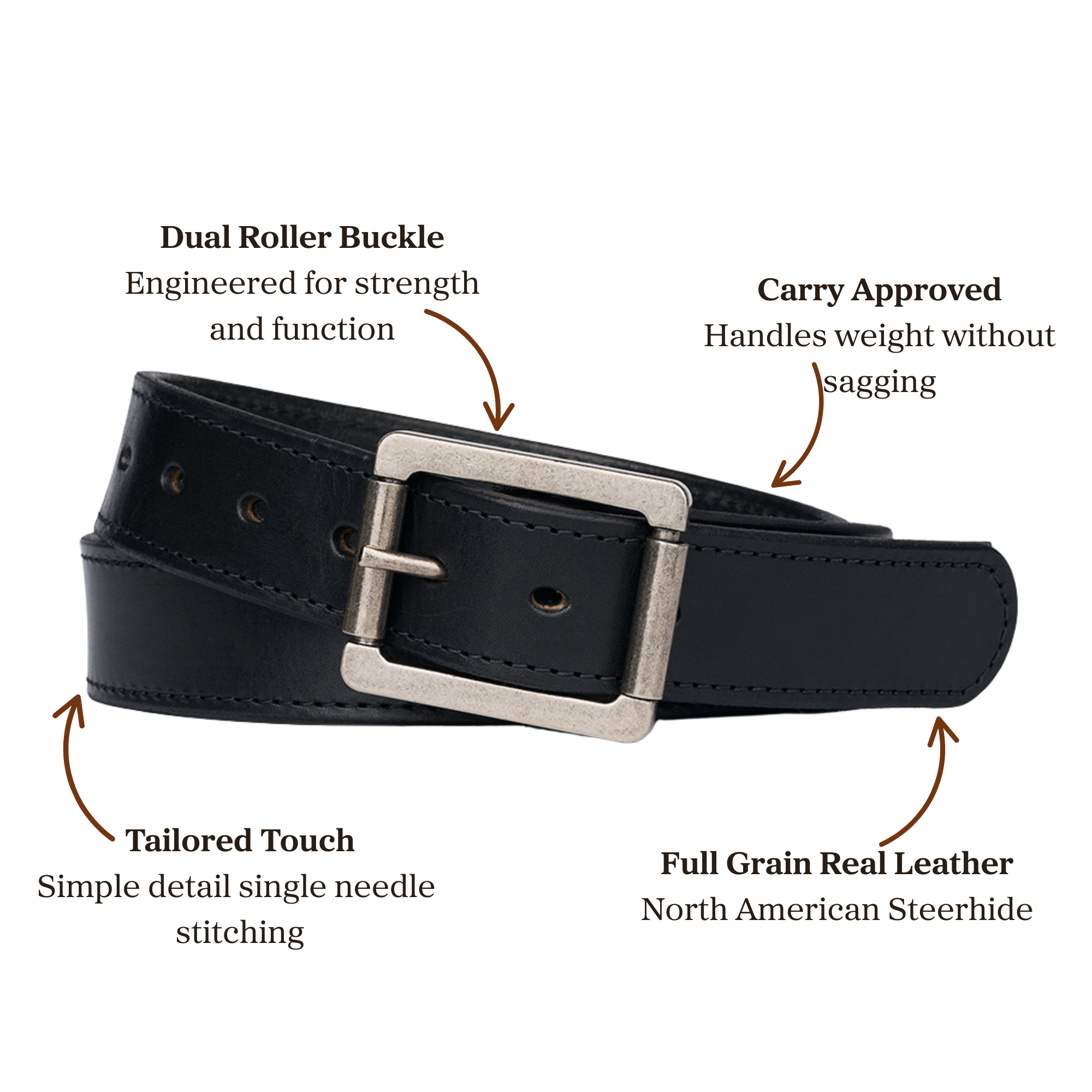 Black full grain leather belt with silver dual roller buckle accompanied with a single needle stitching, designed for carry use