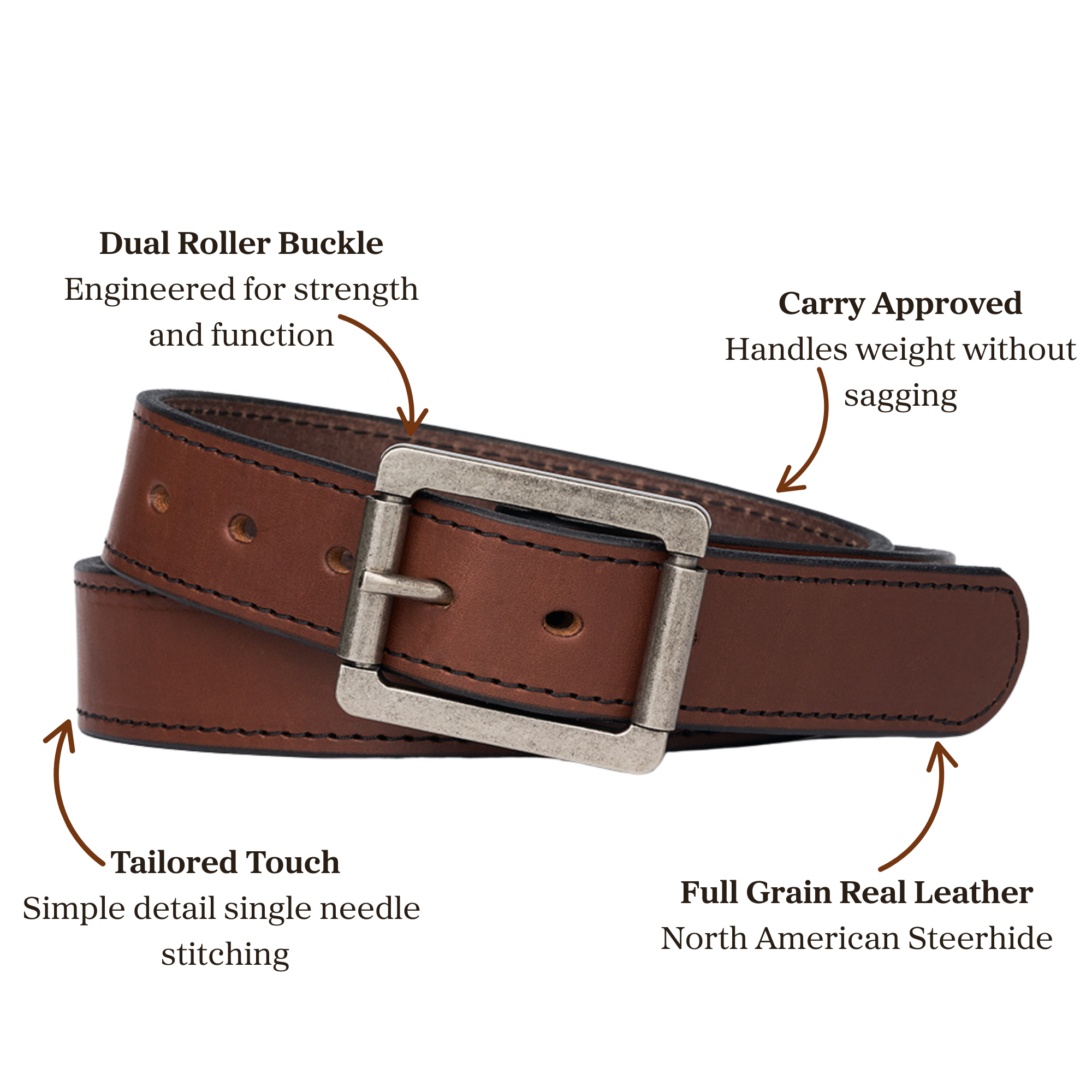 Brown full grain leather belt with dual roller buckle, designed for carry use