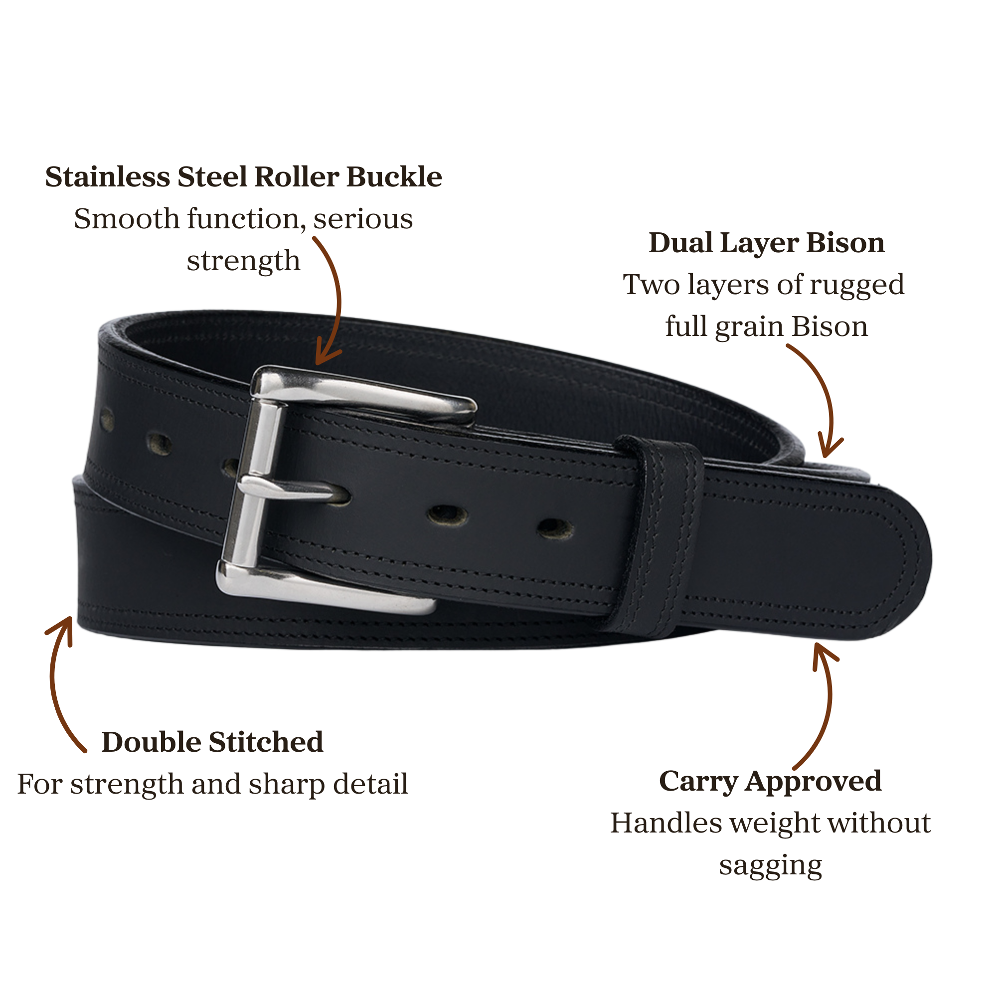 Dual layer black leather belt with stainless steel roller buckle accompanied with double stitching, designed for carry use