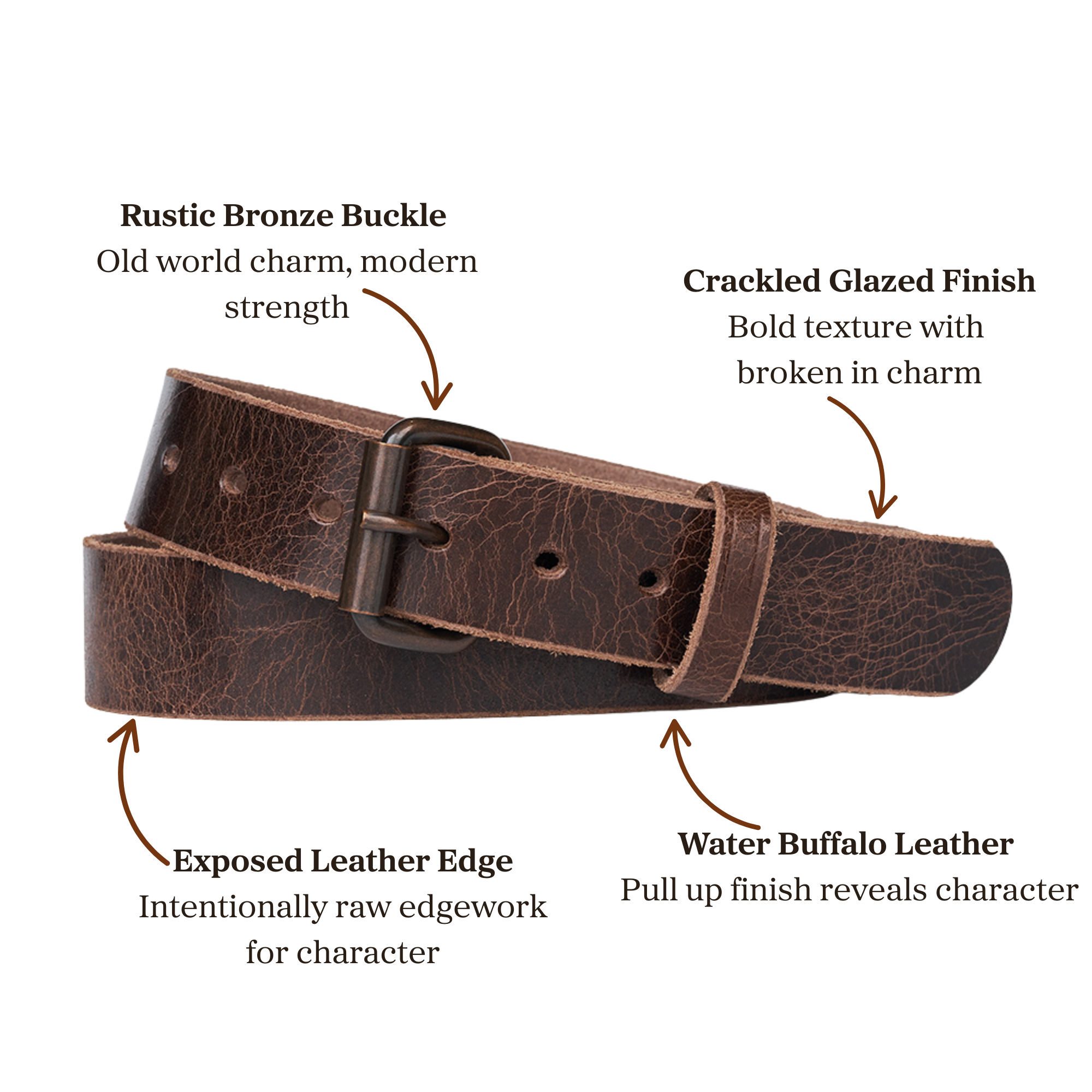Crackled glazed finish brown water buffalo leather belt with rustic bronze buckle