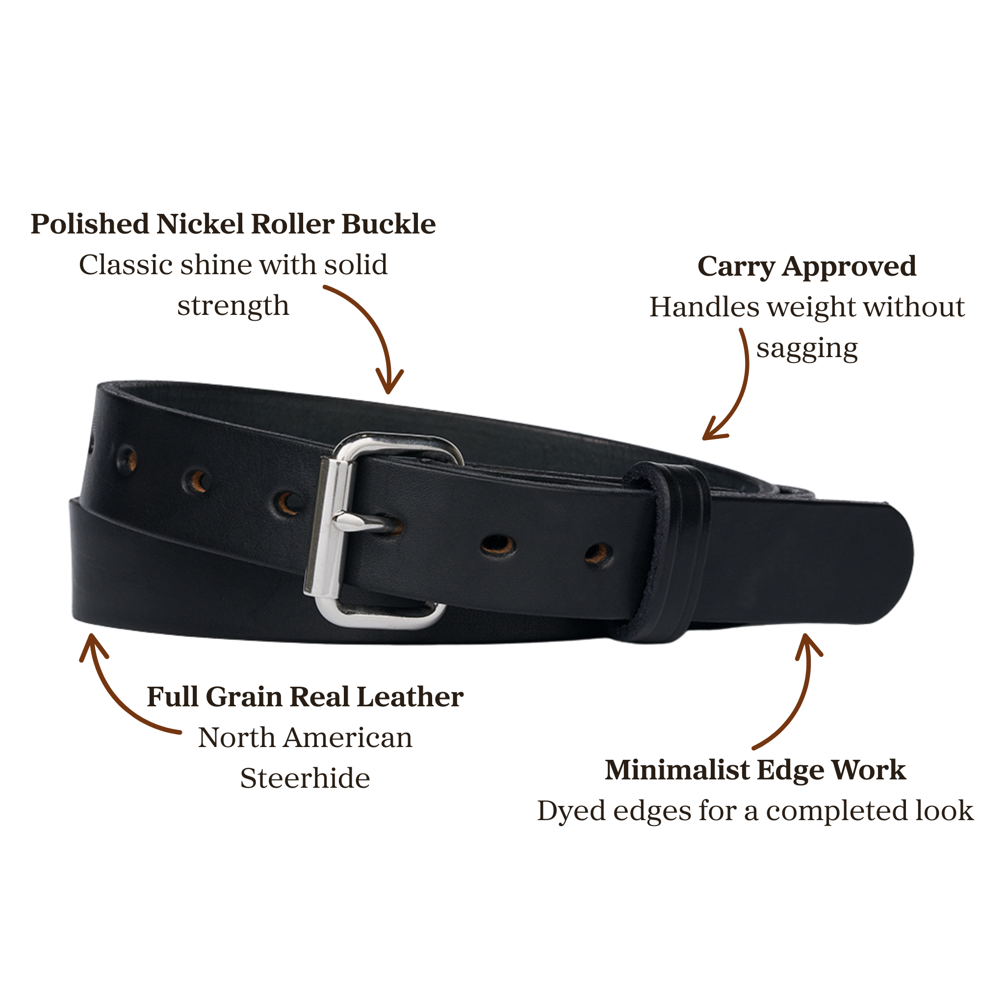 Black full grain leather belt with polished nickel roller buckle, designed for carry approved