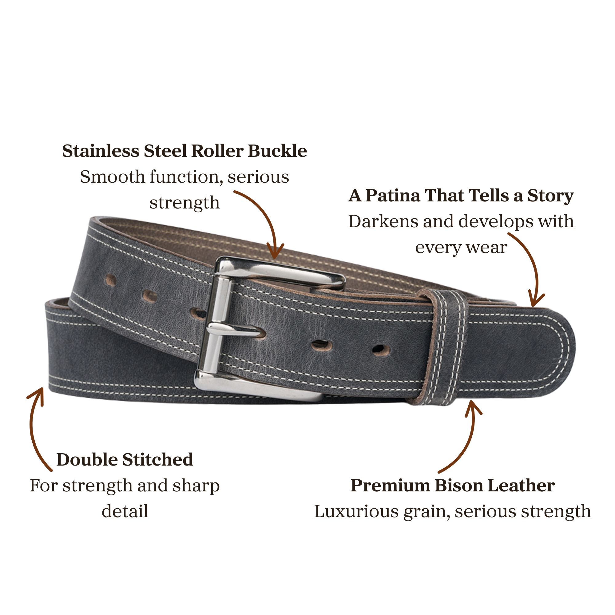 Gray premium bison leather belt with stainless steel roller buckle accompanied with double stitching