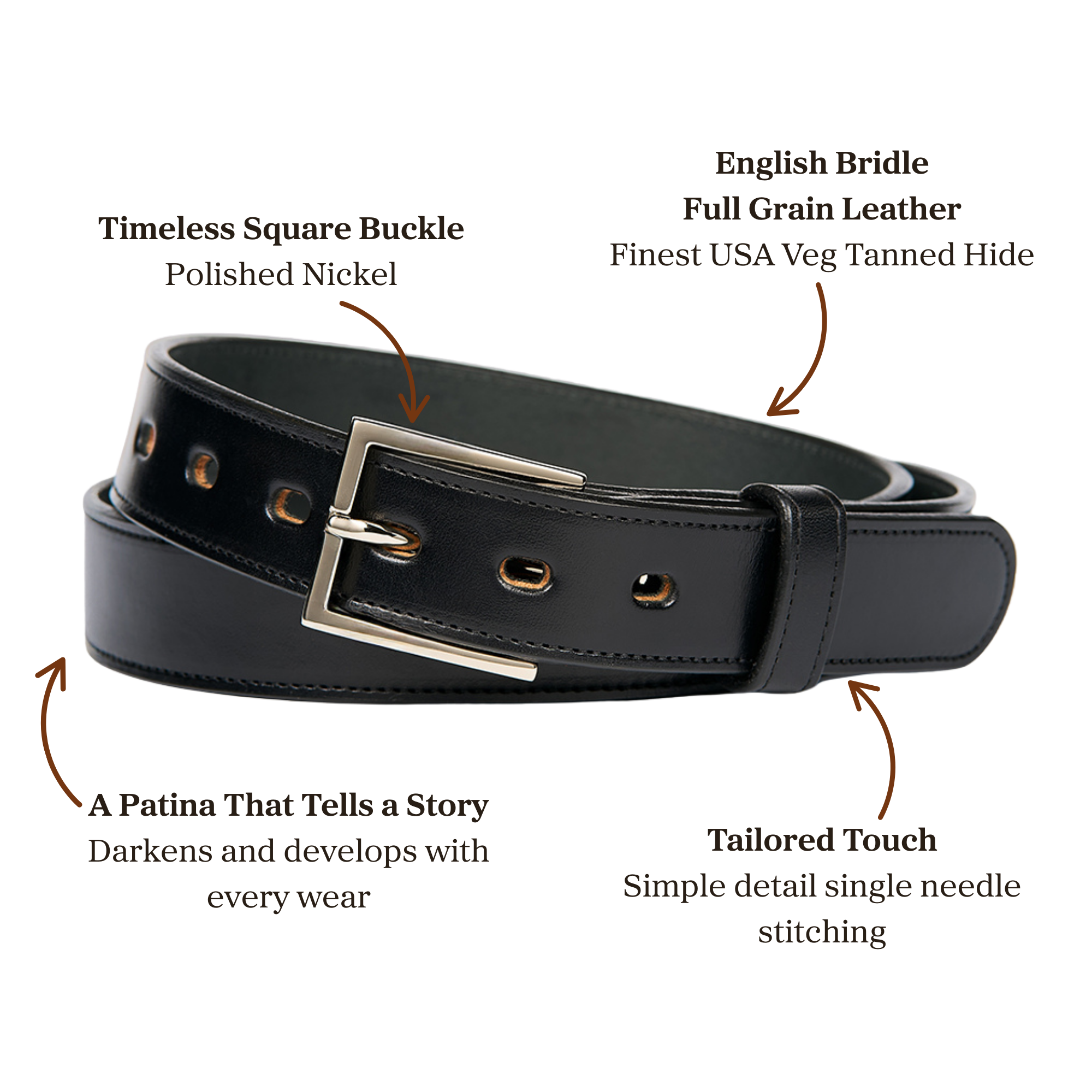A black leather belt with a square nickel buckle, featuring labeled details about its leather, buckle, patina, and stitching.