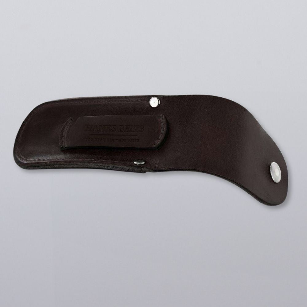 The Canyon Utility Sheath and Mag Case by Hanks Belts is a dark brown bridle leather sheath with a snap closure and belt loop embossed with "HANKS BELTS," shown on a light gray background.