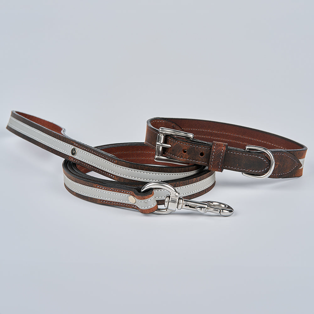 The Remi Reflective Collar by Hanks Belts and its matching leash, both with white stripes and silver hardware, lie on a plain light gray surface—ideal for night safety during evening walks.