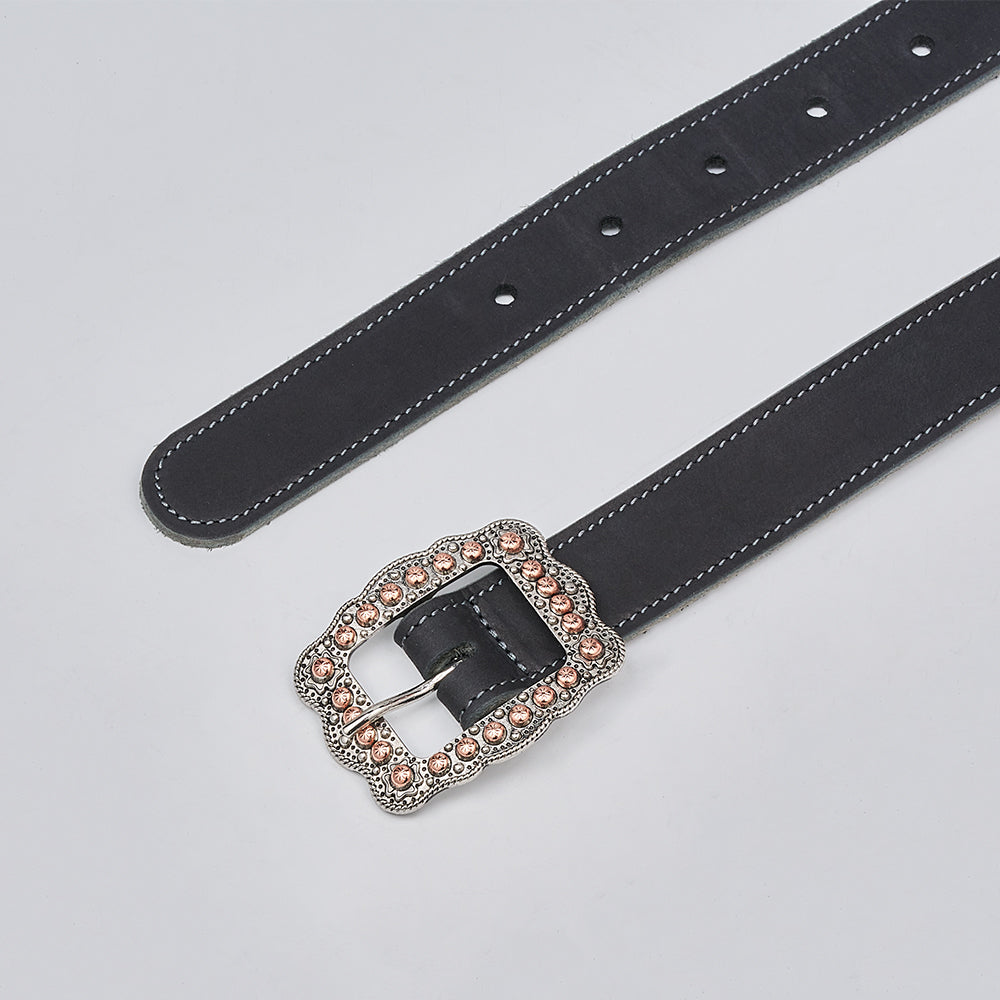 The Lennon Suede by Hanks Belts is a black Western women's belt with white stitching and a decorative silver buckle accented by round copper-colored studs, shown laid flat on a light gray background.