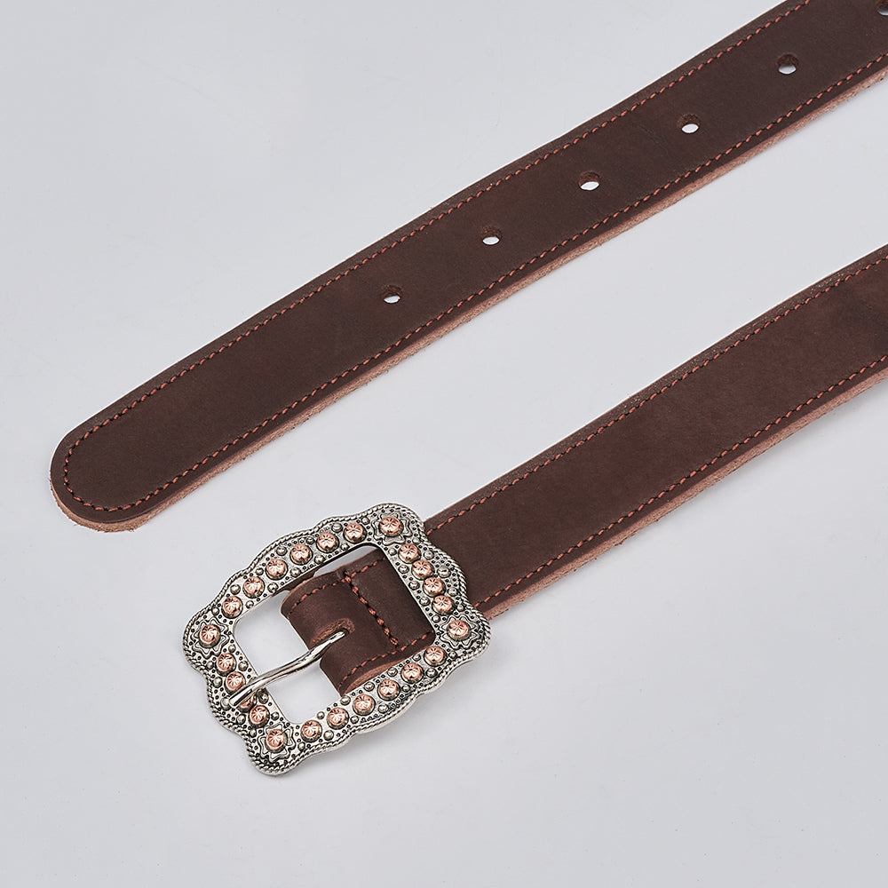 The Lennon Suede by Hanks Belts is a brown suede leather women’s belt with a decorative silver buckle featuring pink gemstone accents, shown on a light gray background.