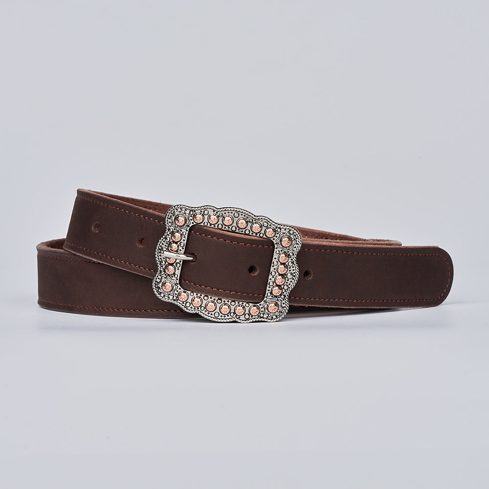 The Lennon Suede by Hanks Belts is a dark brown Western belt with a large, ornate silver buckle accented by pink and white stones, shown against a plain light background.