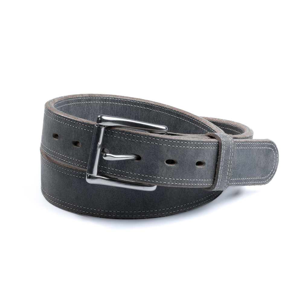 The Montana Bison Double Layer by Hanks Belts is a rugged grey bison leather belt with white stitching and a stainless steel double-prong buckle, shown rolled up on a white background.