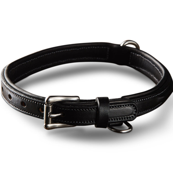 The Hanks Belts Bentley Raised Collar in black features premium English bridle leather, a metal buckle, adjustment holes, and stainless steel hardware, shown on a white background.