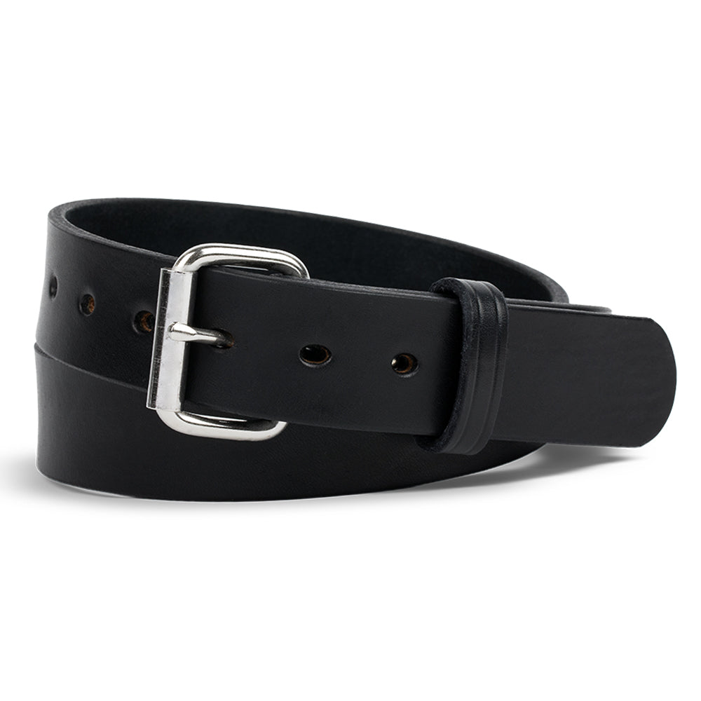 The Gunner by Hanks Belts is a black belt made from full-grain steer hide leather, featuring a silver rectangular buckle and adjustment holes—expertly crafted in the signature Hanks style.