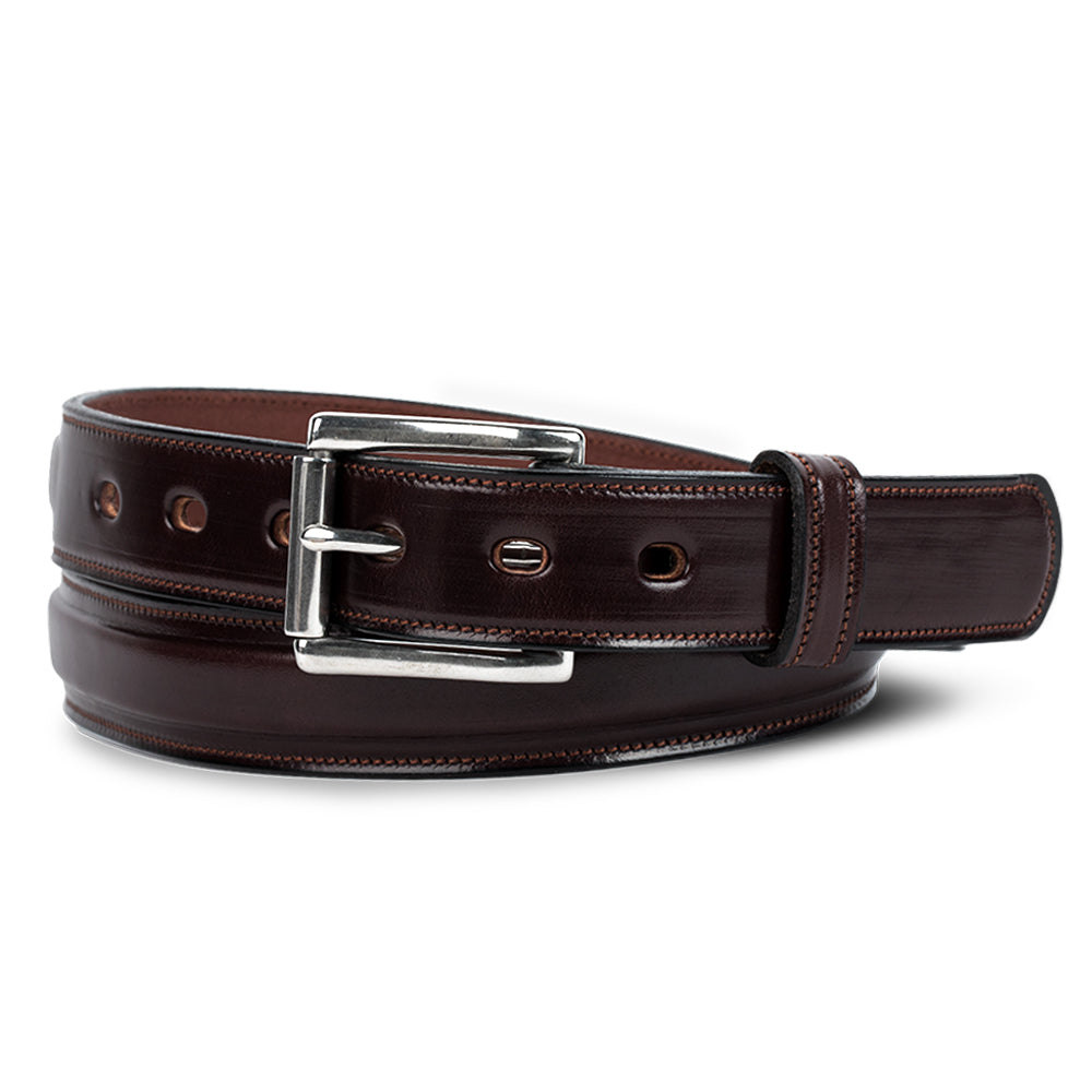 The Esquire Raised by Hanks Belts, in Havana color, features English Bridle leather with double rows of holes and a shiny silver buckle, shown neatly coiled on a white background.