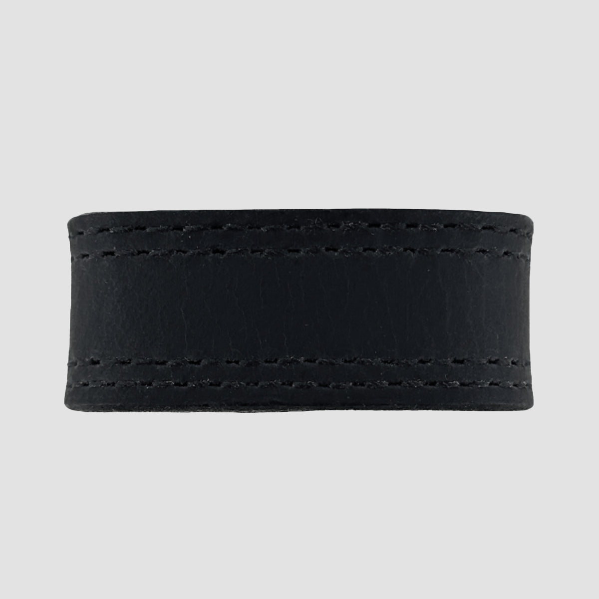A close-up of the Hanks Belts 1.5" Double Stitched #6 Keeper, a black leather belt with visible top and bottom stitching, shown against a light gray background.