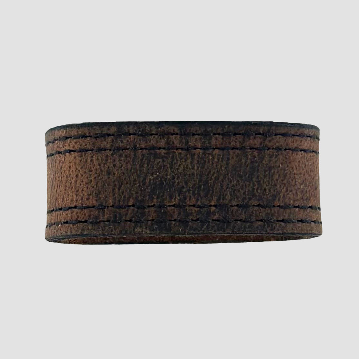 The Hanks Belts 1.5" Double Stitched #6 Keeper is a wide brown leather ring featuring visible black stitching along the top and bottom edges, shown against a plain light gray background.