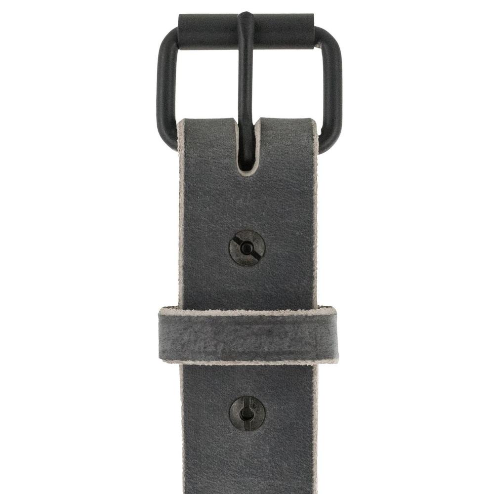 Close-up view of Hanks Belts' The Glacier Grey Retro Style—crafted from Water Buffalo leather with a matte black rectangular buckle, visible edge stitching, two end screws, a buckle loop for securing the strap, and a retro look.
