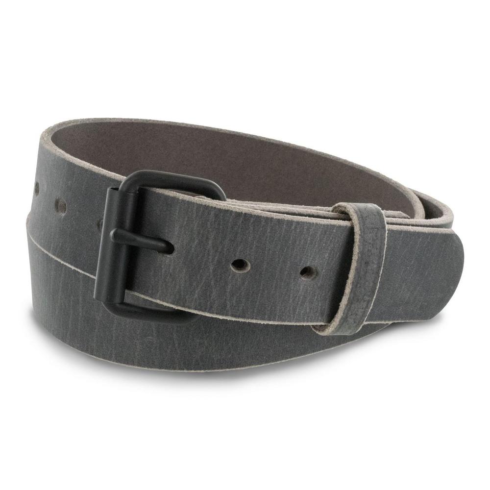 The Glacier Grey Retro Style by Hanks Belts is a grey leather belt with a matte black buckle and edge stitching, made in the USA for lasting quality and a timeless retro look.