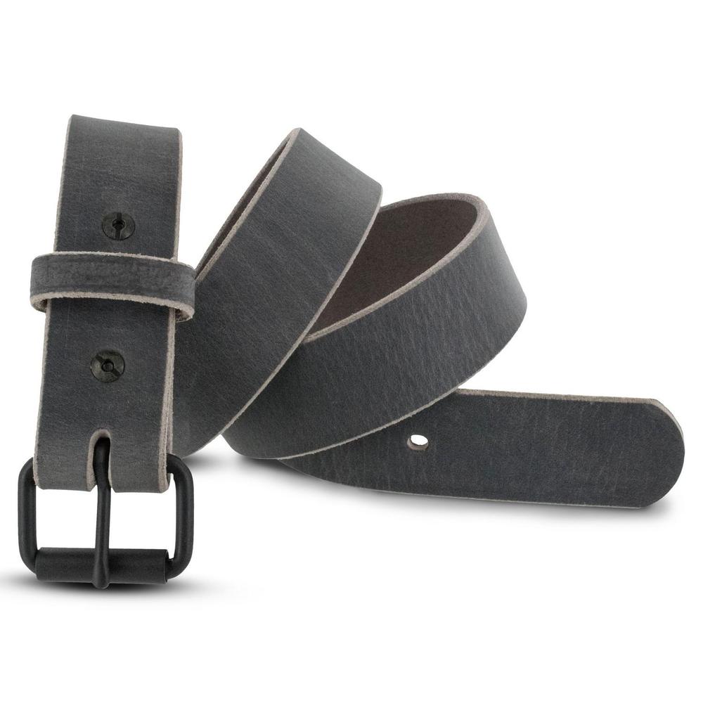 The Glacier Grey Retro Style belt by Hanks Belts is shown coiled on a white background, featuring smooth Water Buffalo leather, black metal buckle, visible edge stitching, and classic USA Made quality.