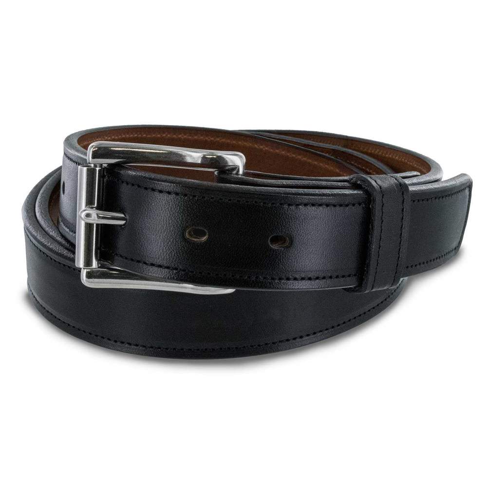 The Highland Lined by Hanks Belts is a coiled black English bridle leather belt with visible stitching and a silver rectangular buckle, shown against a white background.