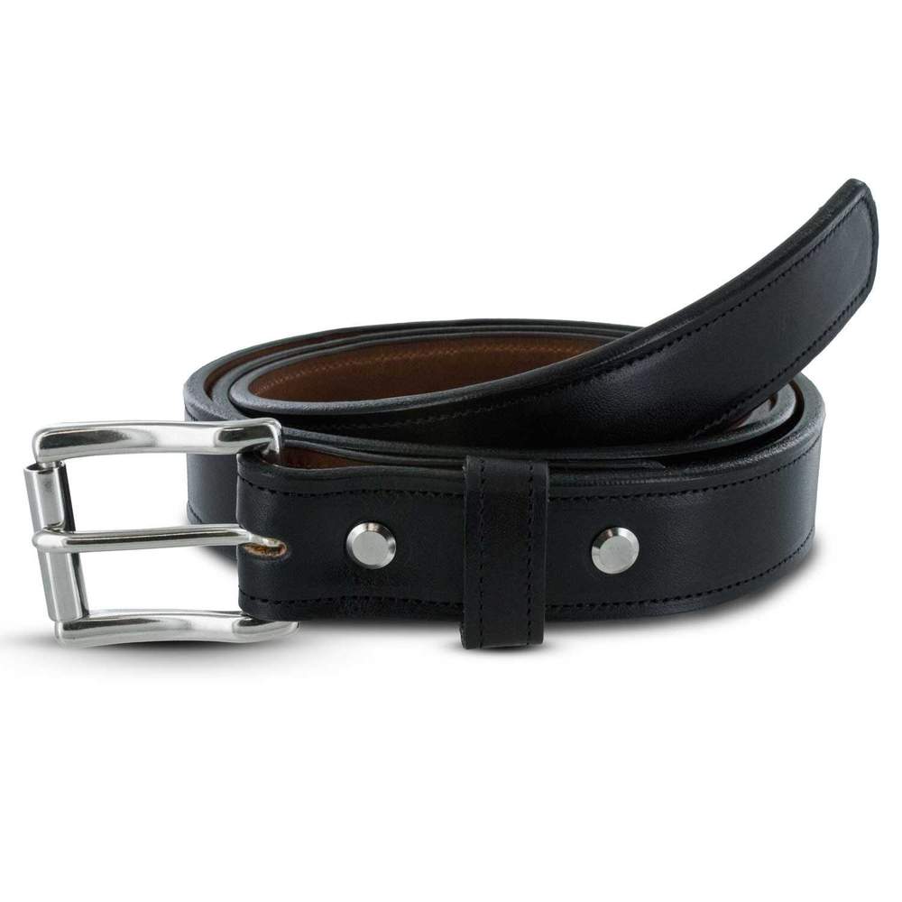 The Highland Lined by Hanks Belts is a black English bridle leather belt with a silver buckle, visible edge stitching, and two metal rivets near the buckle, neatly coiled.