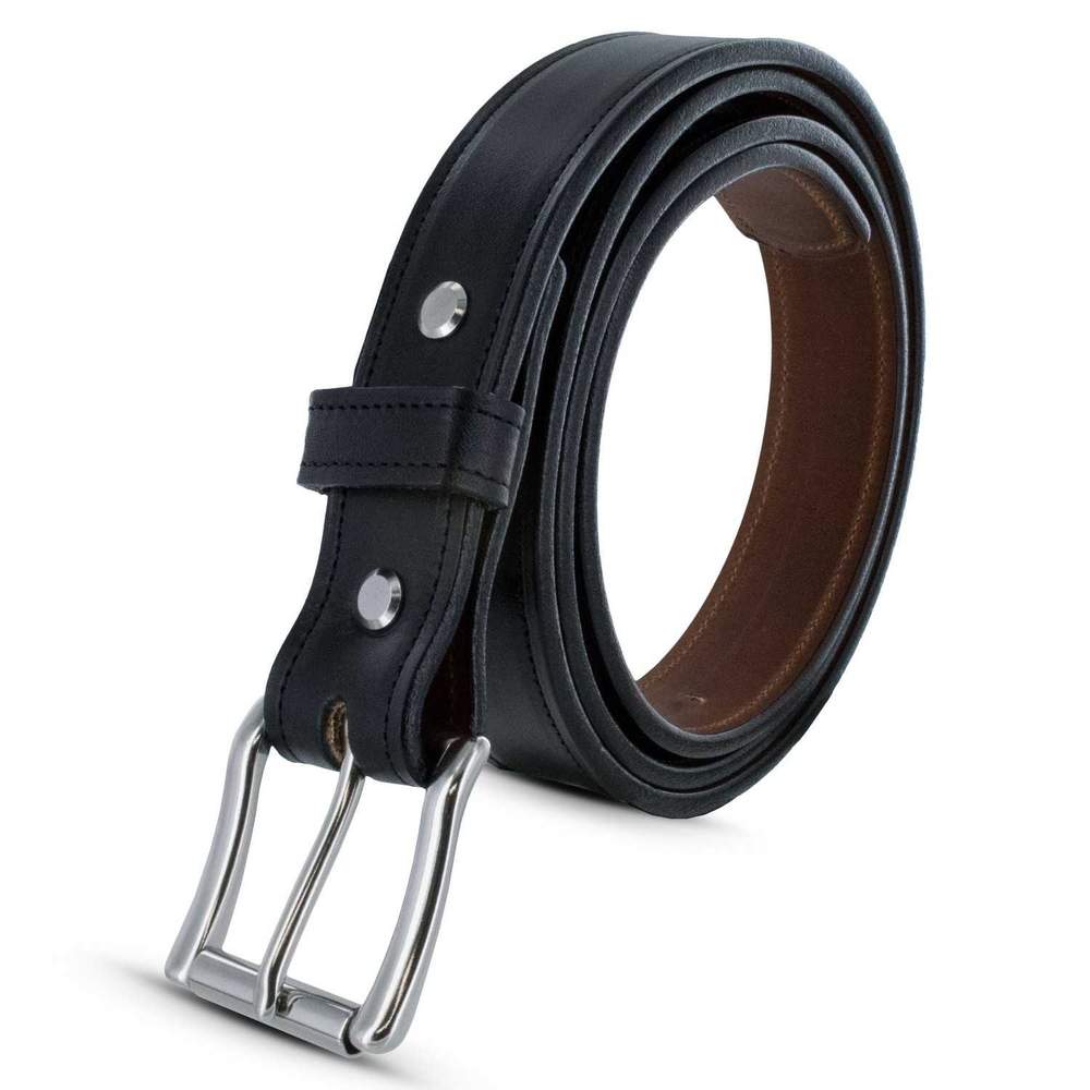 The Highland Lined by Hanks Belts is a coiled black English bridle leather belt with a silver metal buckle and two metal studs near the end, displayed on a white background.
