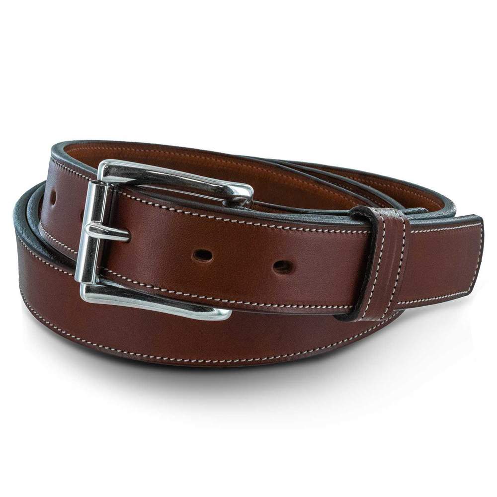 The Highland Lined-1.25" by Hanks Belts, made from English bridle leather with white stitching and a shiny silver buckle, shown rolled up on a white background.