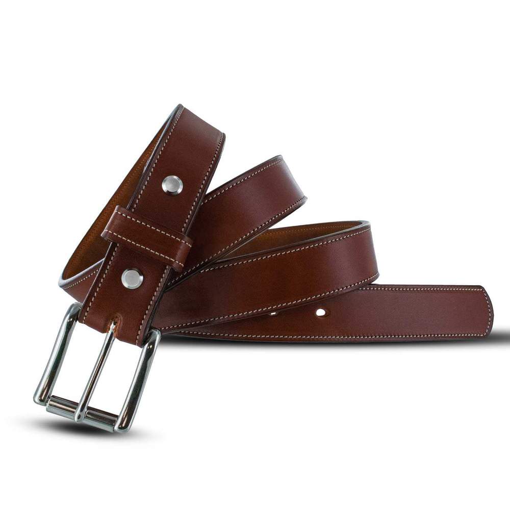 The Highland Lined belt by Hanks Belts is brown English bridle leather with white stitching, a silver buckle, and two metal rivets near the buckle. Shown coiled against a white background.