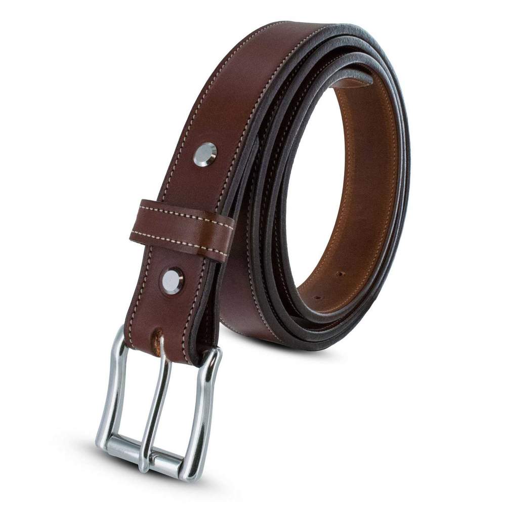 The Highland Lined by Hanks Belts is a brown vegetable-tanned leather belt with white stitching, two metal rivets near the tip, and a silver buckle, shown rolled up on a white background.