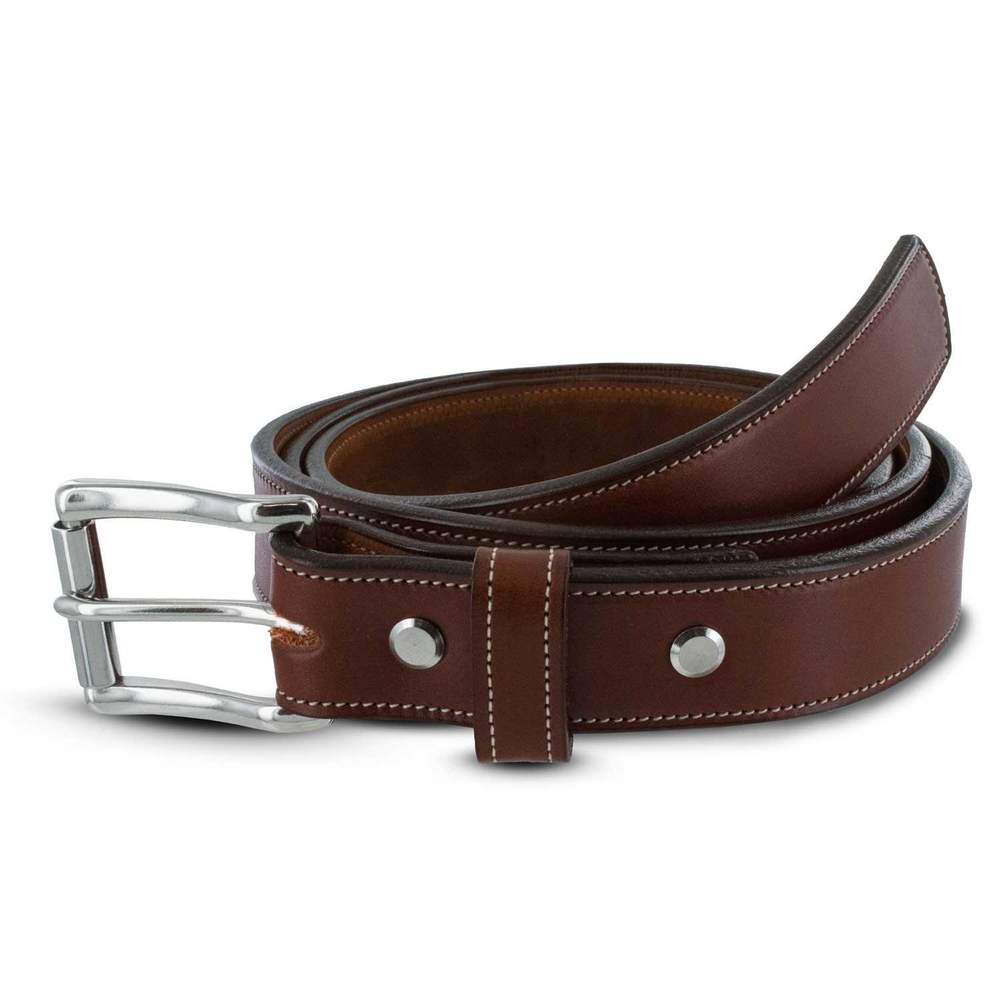 The Highland Lined by Hanks Belts is a coiled brown English bridle leather belt with white stitching, a silver buckle, and two silver rivets near the buckle, displayed on a plain white background.