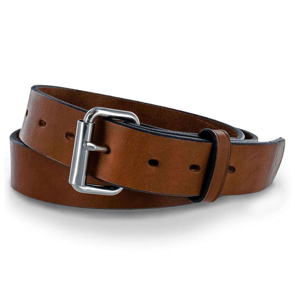 The Hanks Belts "The Gunner" belt, crafted from full-grain steer hide with a silver rectangular buckle, is coiled neatly on a white background and features multiple holes for easy size adjustment.