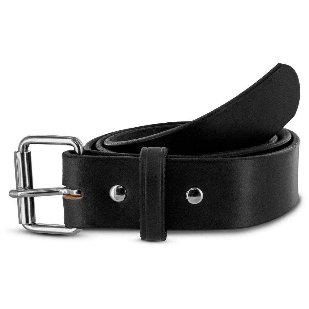 The Enforcer by Hanks Belts is a black full-grain leather belt with a silver buckle and two metal rivets, neatly rolled with the end slightly angled outward.