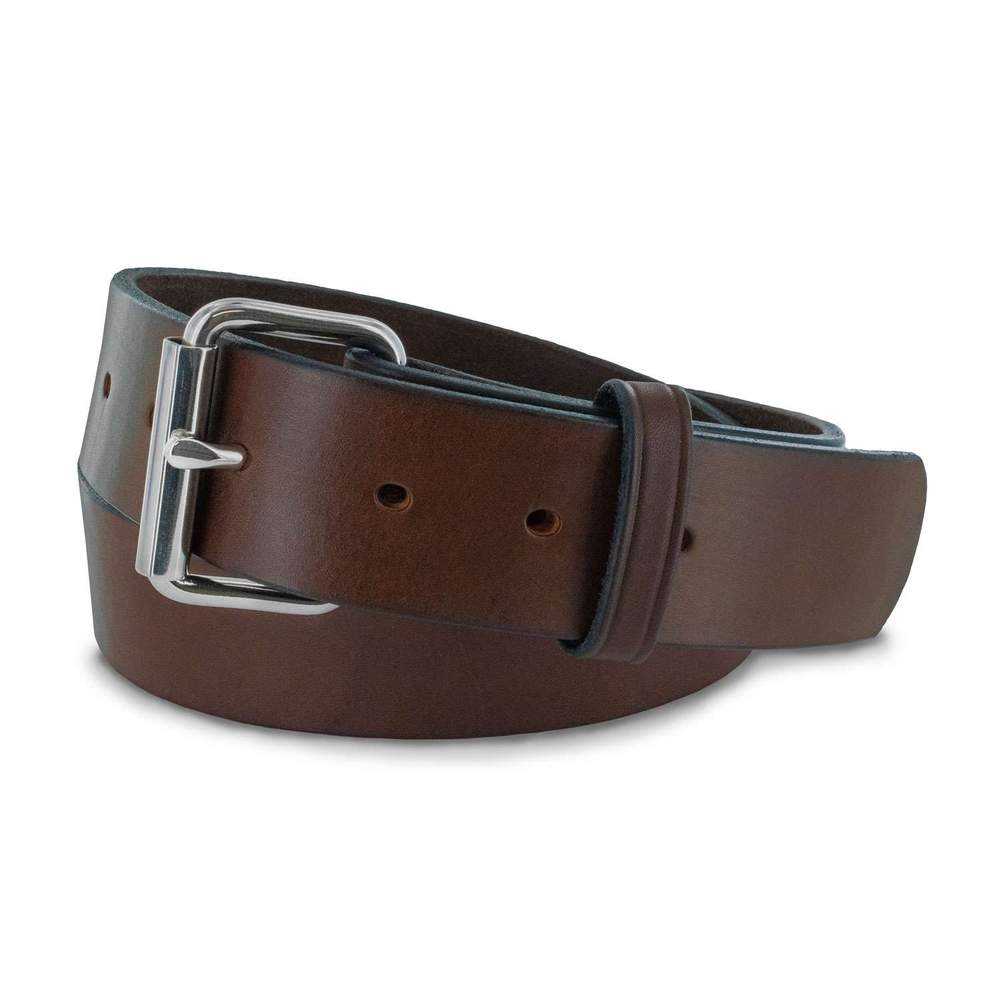 The Enforcer by Hanks Belts: a brown full-grain leather belt with a silver buckle, neatly rolled and displayed on a white background.