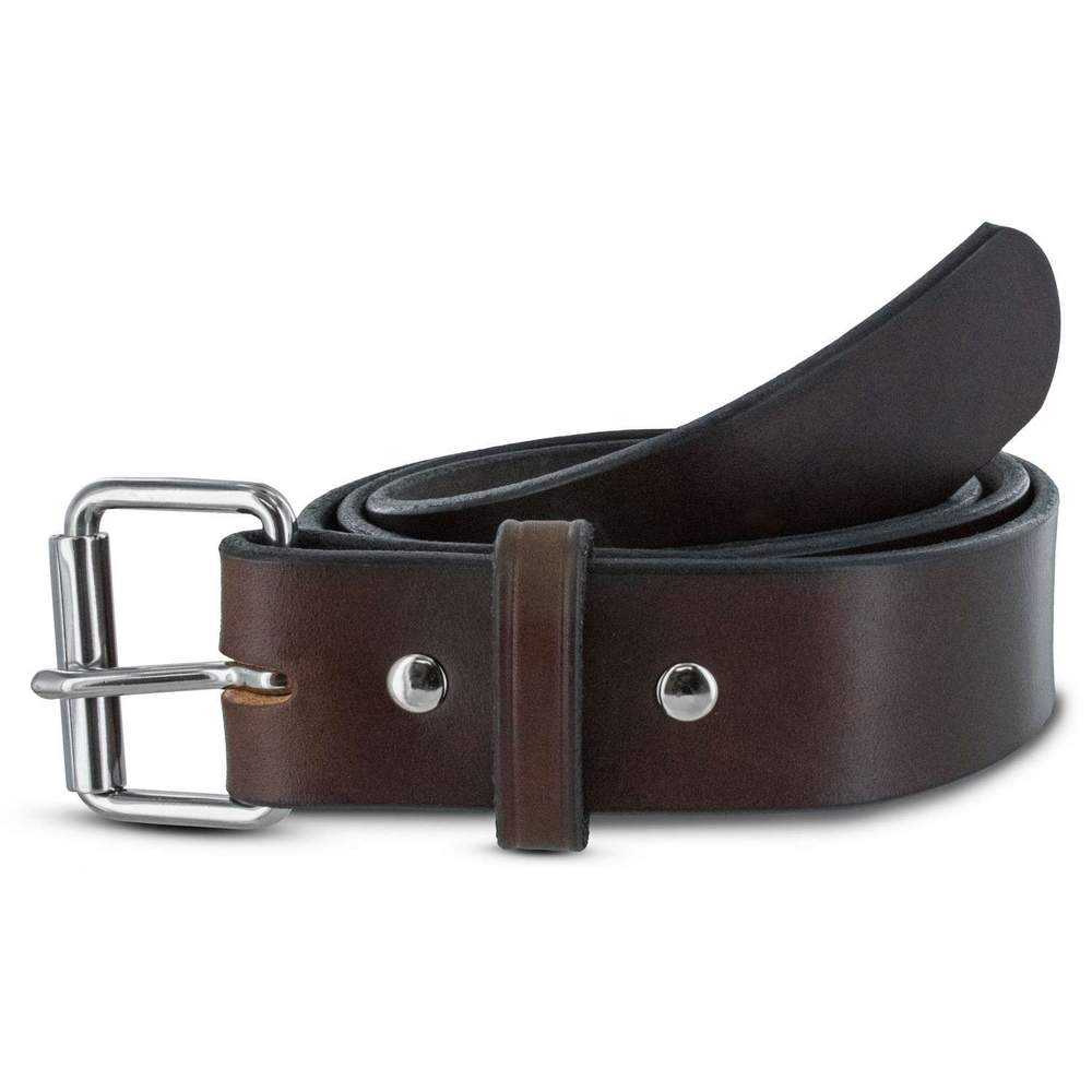 The Enforcer by Hanks Belts is a rolled-up dark brown full-grain leather belt featuring a shiny silver metal buckle and two metal rivets near the end.