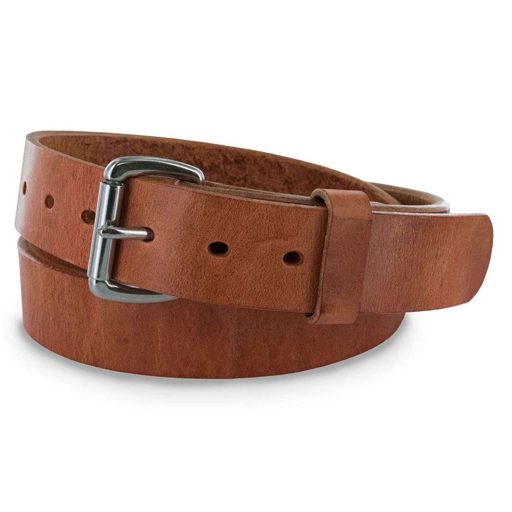 The Old World Harness by Hanks Belts in Retro Tan full-grain leather features a silver buckle, coiled in a loop and displayed on a white background.