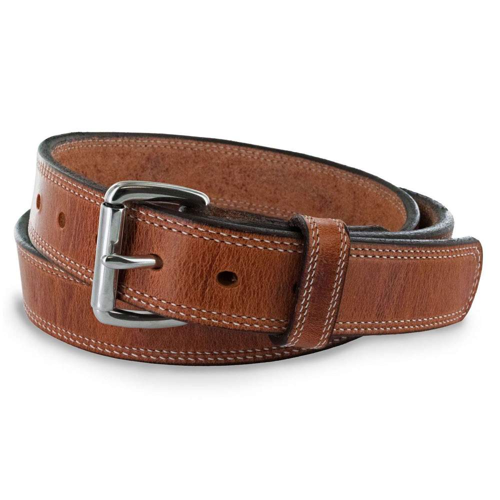 The Old World Harness by Hanks Belts in Refined Tan, a full-grain leather belt with white stitching and a silver metal buckle, is displayed on a white background.