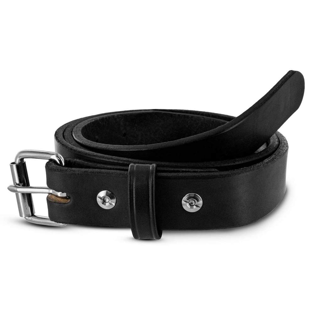 The Deputy by Hanks Belts is a durable black leather belt with a silver metal buckle and two metal rivets near the buckle, shown coiled on a white background—an ideal concealed carry choice.