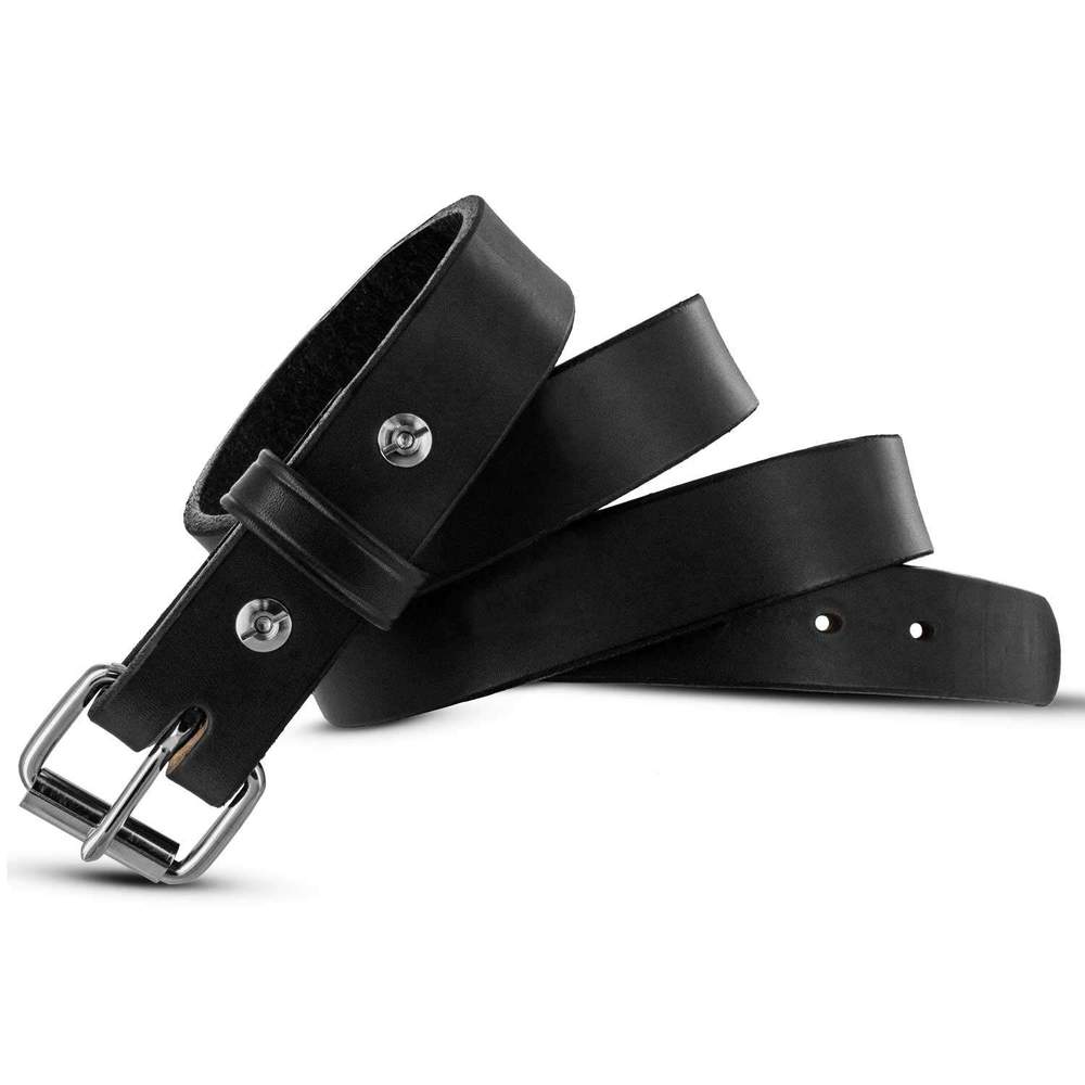 The Deputy by Hanks Belts is a black leather belt with a silver buckle and metal rivets, coiled on a white background, offering durable style and strength for daily wear.
