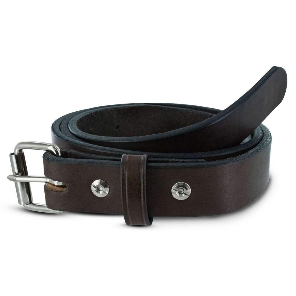 The Deputy by Hanks Belts is a rolled-up dark brown durable leather belt with a silver metal buckle and two metal rivets near the loop, displayed on a white background.