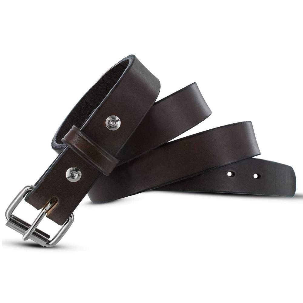 The Deputy by Hanks Belts is a coiled dark brown leather belt featuring a shiny silver buckle and two metal rivets, displayed on a white background—a durable accessory ideal for everyday wear.