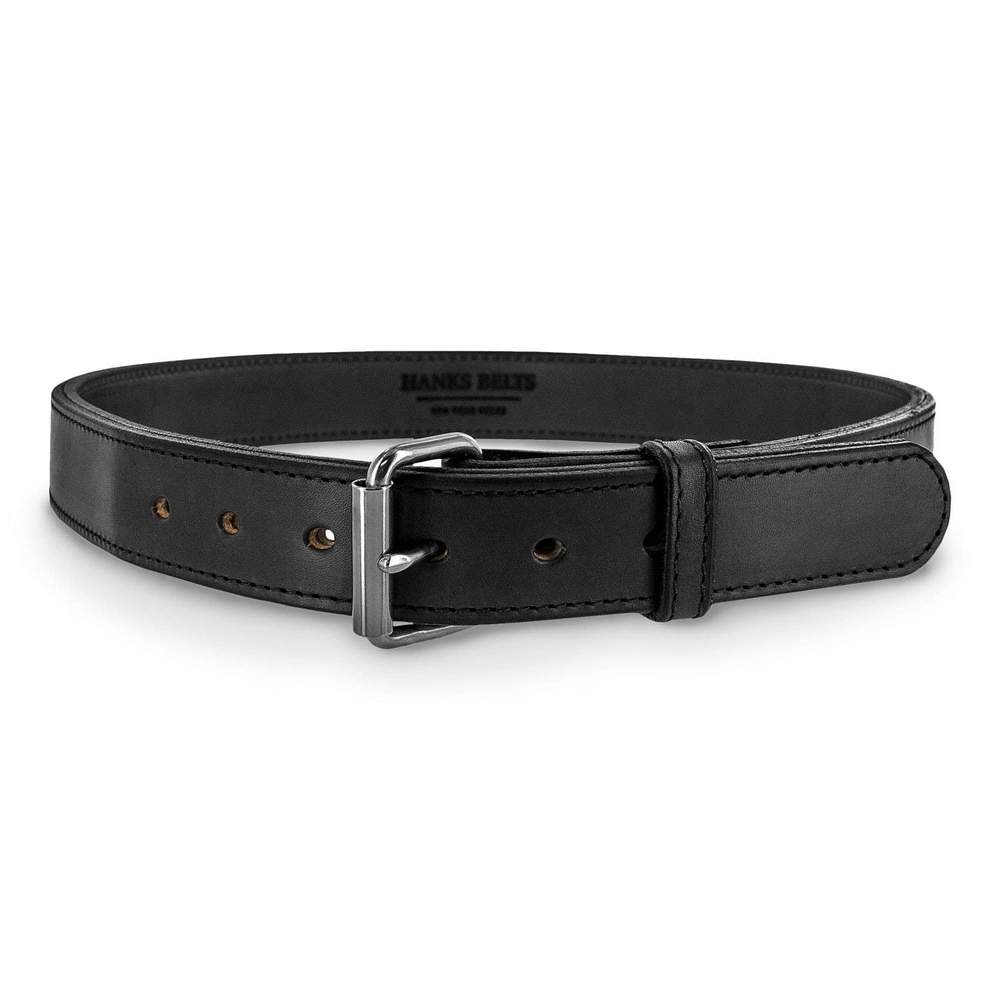 A black Hanks Belts "The Steel Core" gun belt with a silver buckle is shown looped, revealing multiple adjustment holes and a branded stamp on the inside.