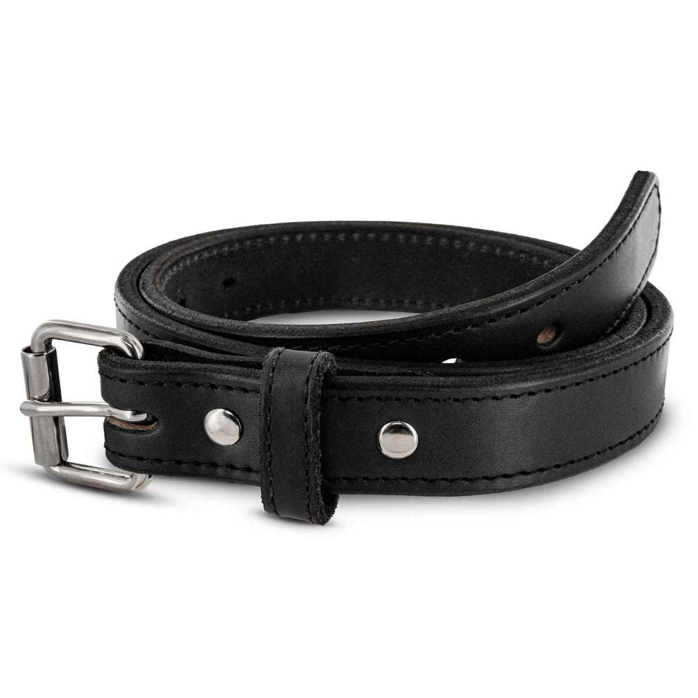 The Xtreme Belt - 1.25" by Hanks Belts, a coiled black durable leather belt with a silver buckle and metal rivets, displayed on a white background.