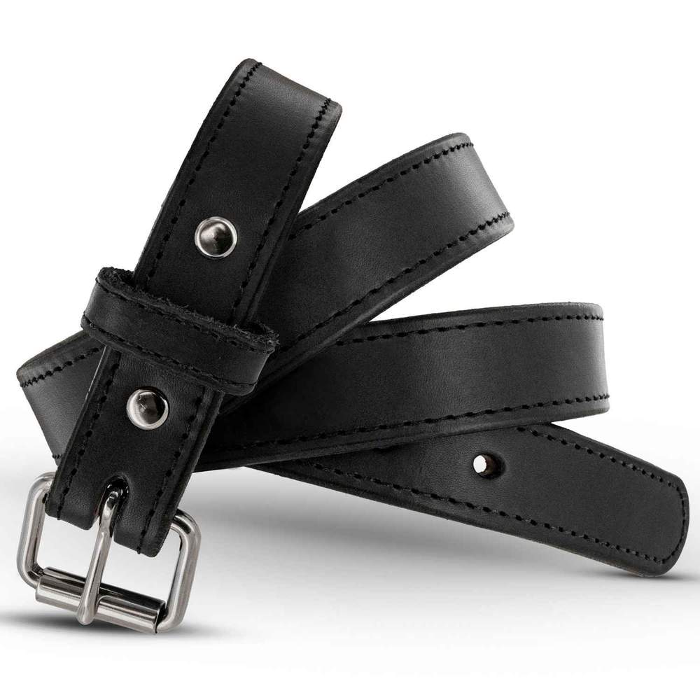 The Xtreme Belt - 1.25" by Hanks Belts is a coiled black leather gun belt with visible stitching, silver buckle, and metal rivets, shown on a white background.